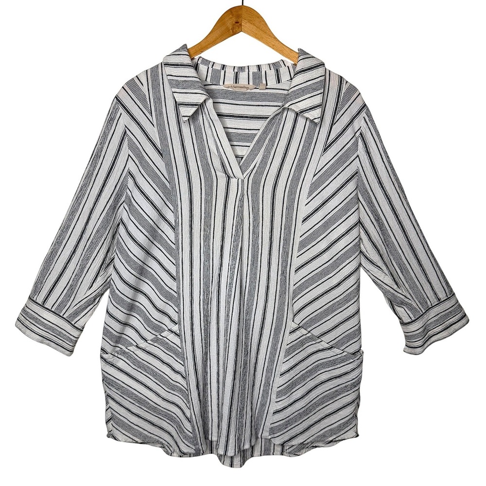 Soft Surroundings‎ Striped Cotton Tunic Blouse XL Boho Lagenlook Top Pockets
